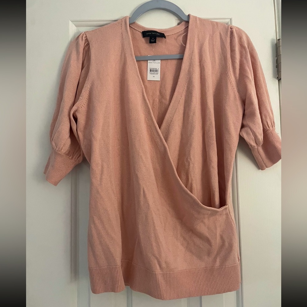 Anne Taylor Loft Puff Sleeve Pink Wrap Sweater
